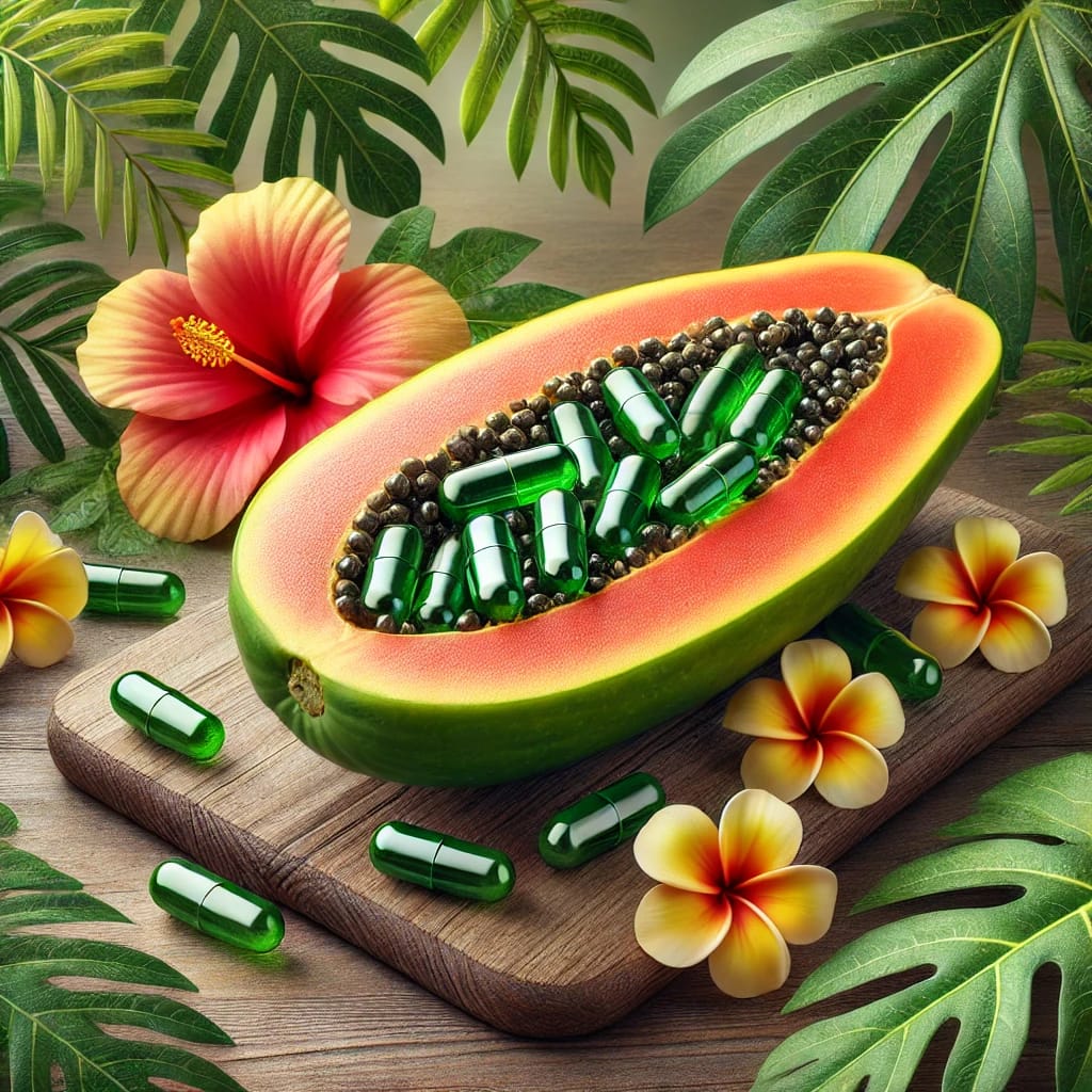 a papaya with green capsules on a cutting board