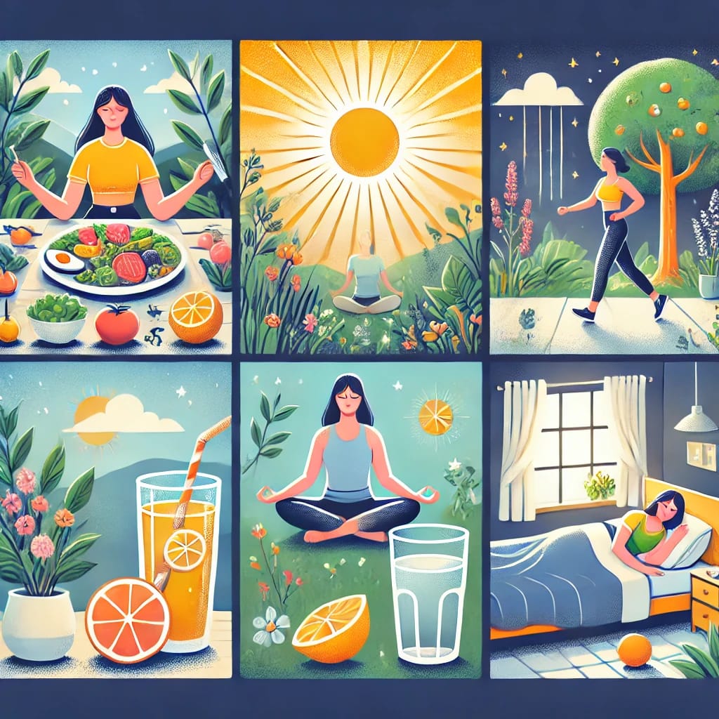 a collage of images of a woman doing yoga, sleeping, exercising, living a holistic lifestyle.