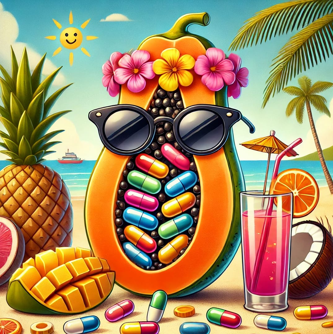 In-Depth Review On Papaya Leaf Extract Capsules. 3 a papaya fruit with sunglasses and flowers on a beach