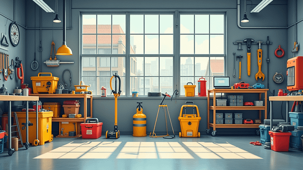 Why Do We Need Strict Prevention Safety Measures? 2 Safety equipment and industrial tools arranged in a neat layout